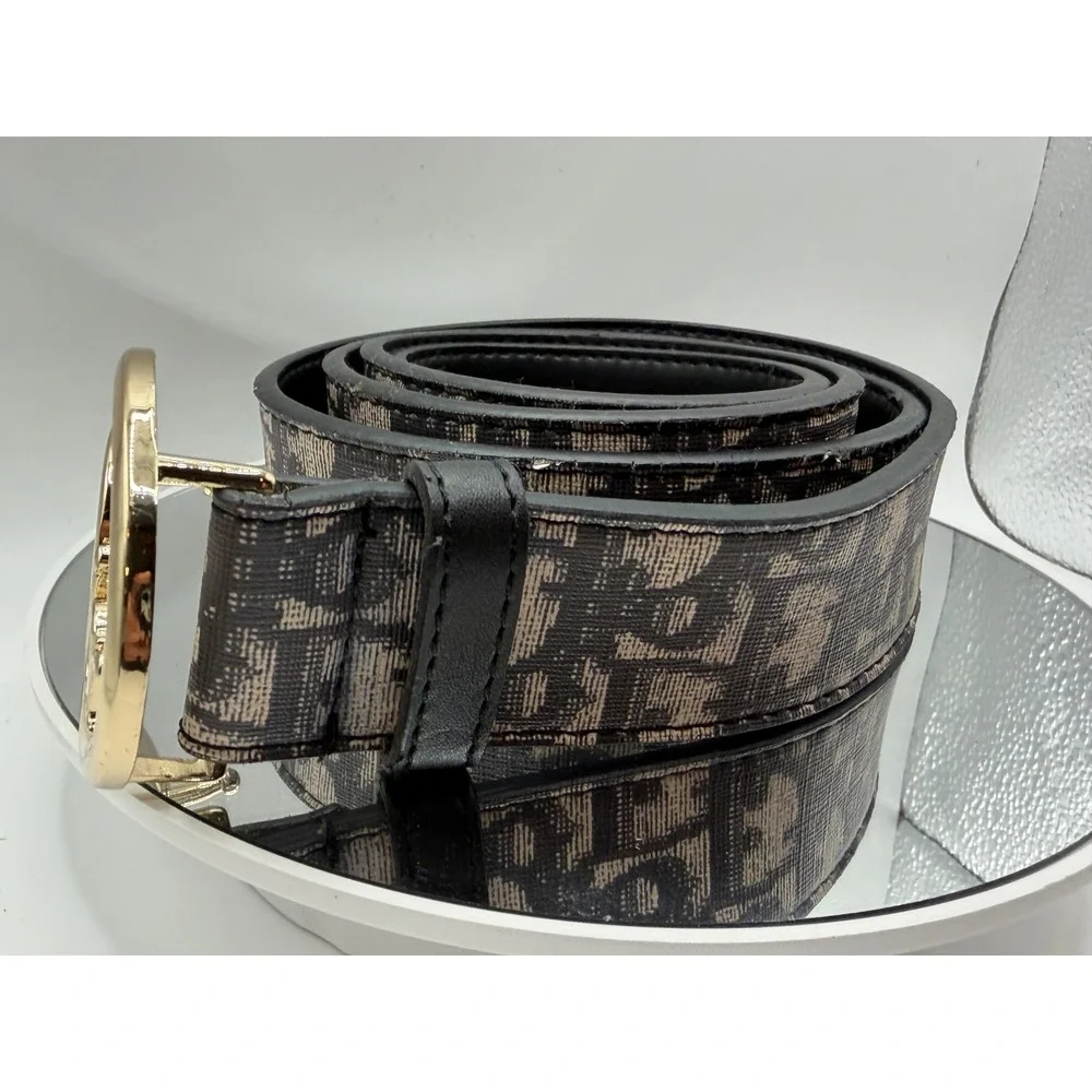 Dior Oblique Monogram Belt Beige Black Gold CD Logo Buckle Size 50/125